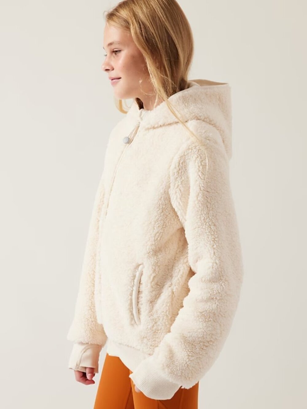 Girls' ATHLETA GIRL So Snug Ivory Sherpa Fleece Full Zip Hoodie, Size S/7 - Picture 2 of 14